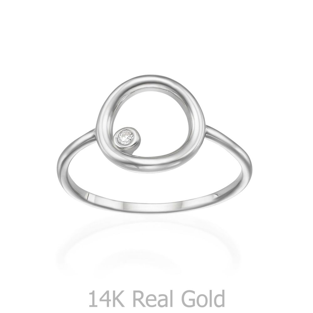 תכשיטי זהב לנשים | טבעת מזהב לבן 14 קראט - עיגול וזירקון