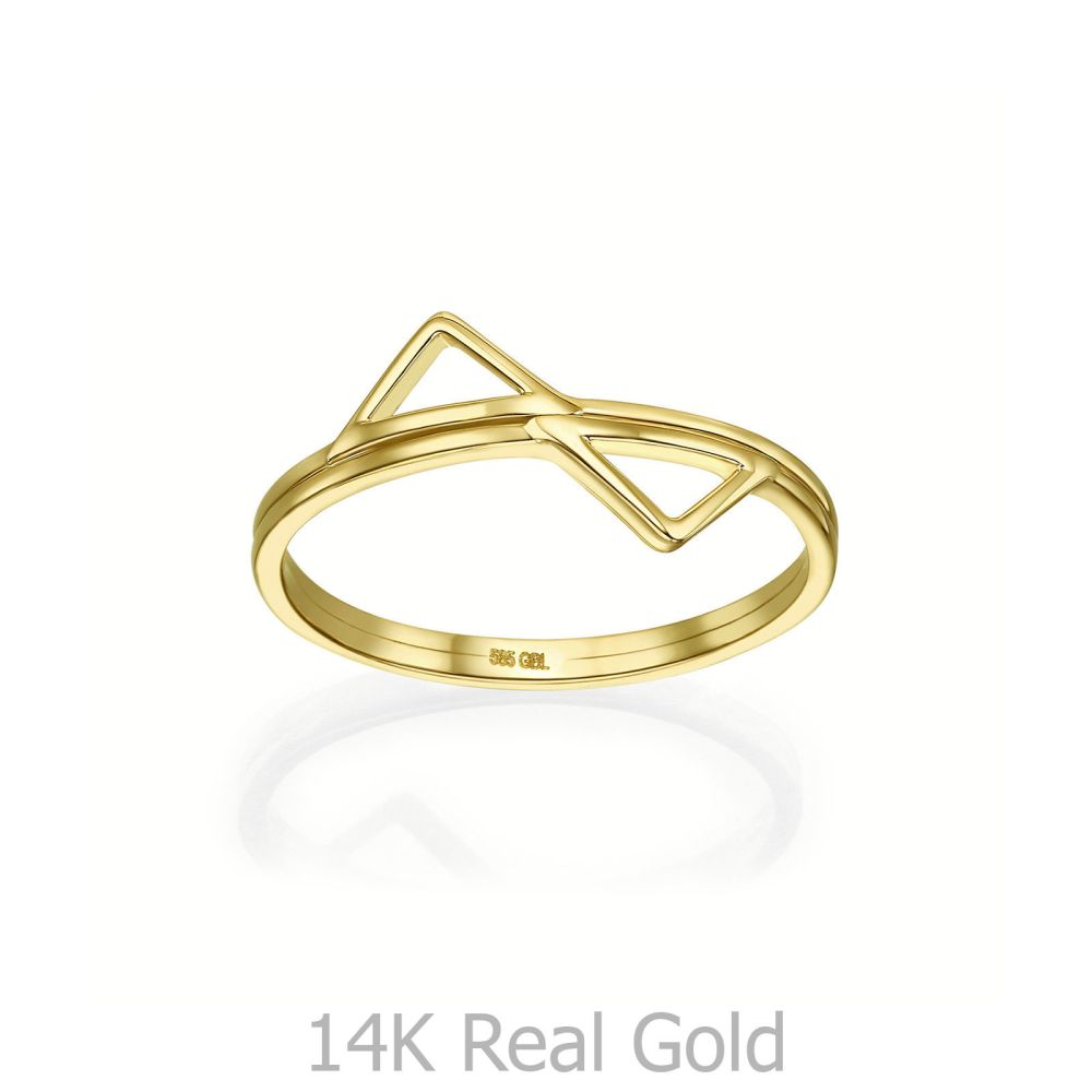 תכשיטי זהב לנשים | טבעת מזהב צהוב 14 קראט - פירמידות משתקפות