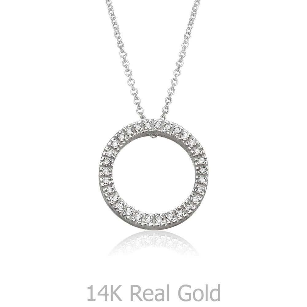 תכשיטי זהב לנשים | תליון ושרשרת יהלומים מזהב לבן 14 קראט - מעגל החיים יהלומים