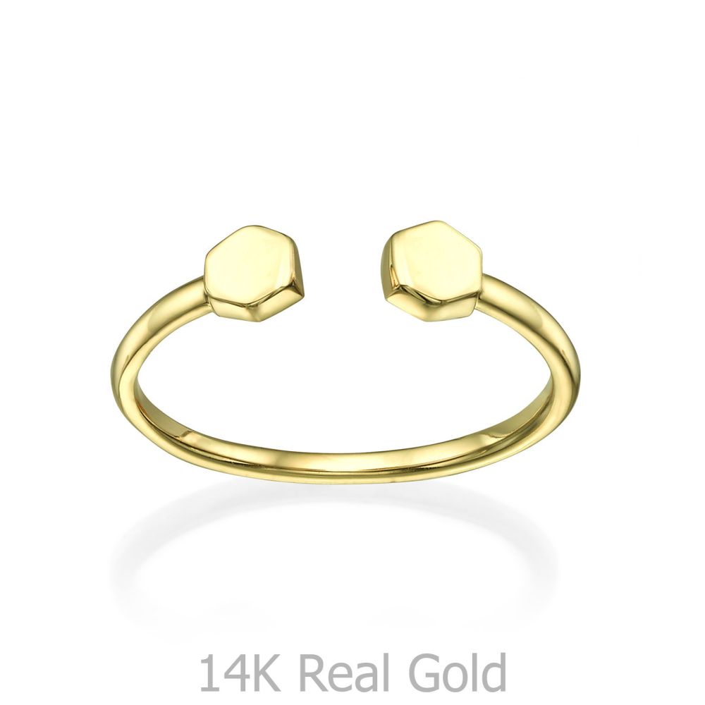 תכשיטי זהב לנשים | טבעת פתוחה מזהב צהוב 14 קראט - הקסגונים