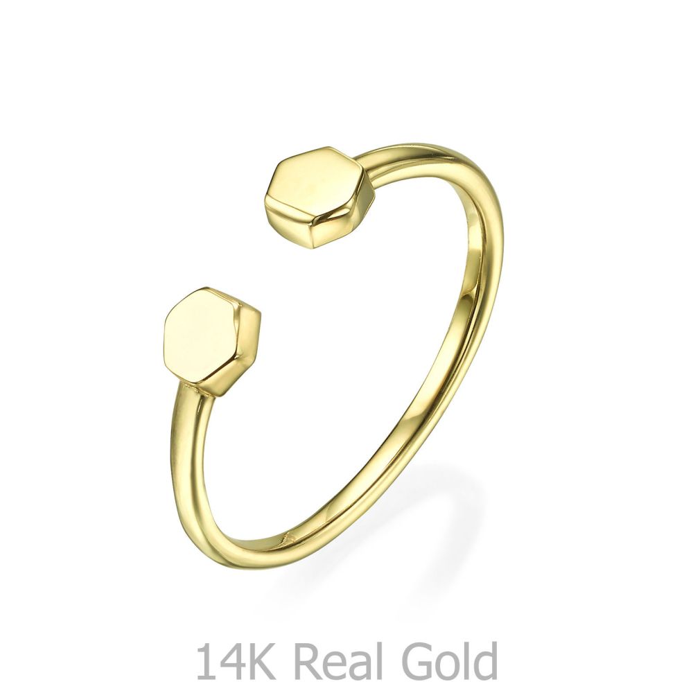 תכשיטי זהב לנשים | טבעת פתוחה מזהב צהוב 14 קראט - הקסגונים