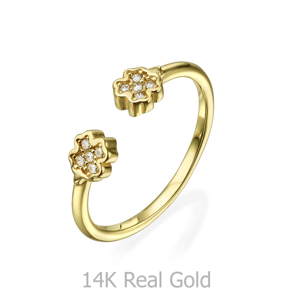 תכשיטי זהב לנשים | טבעת פתוחה מזהב צהוב 14 קראט - תלתנים נוצצים