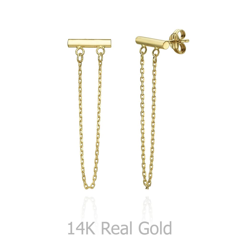 תכשיטי זהב לנשים | עגילים צמודים ארוכים מזהב צהוב 14 קראט - מושכות הזהב