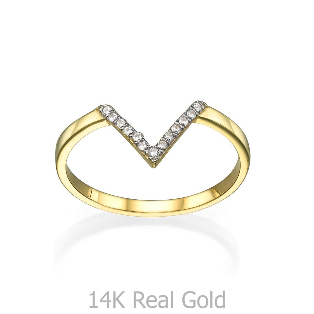 תכשיטי זהב לנשים | טבעת מזהב צהוב 14 קראט - וי קטן עם זירקונים