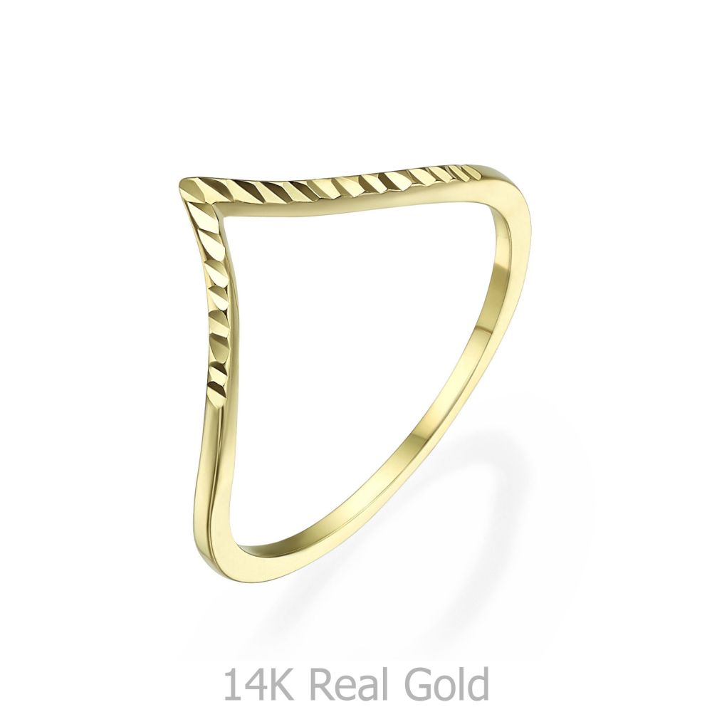 תכשיטי זהב לנשים | טבעת מזהב צהוב 14 קראט -  וי מבריק