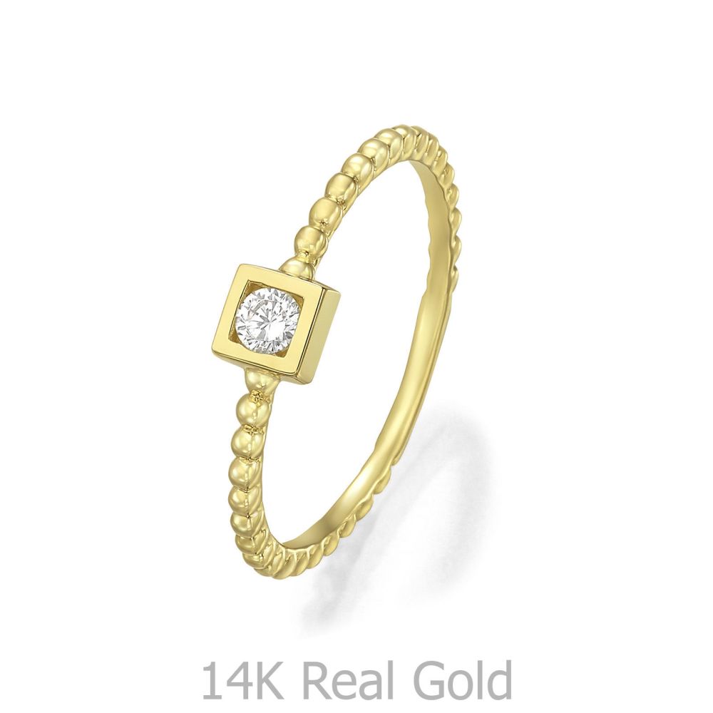 טבעות זהב | טבעת לנשים מזהב צהוב 14 קראט - ריבוע ניקולט כדורים 