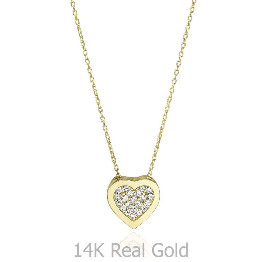 תכשיטי זהב לנשים | שרשרת ותליון מזהב צהוב 14 קראט - לב הרמוני מנצנץ