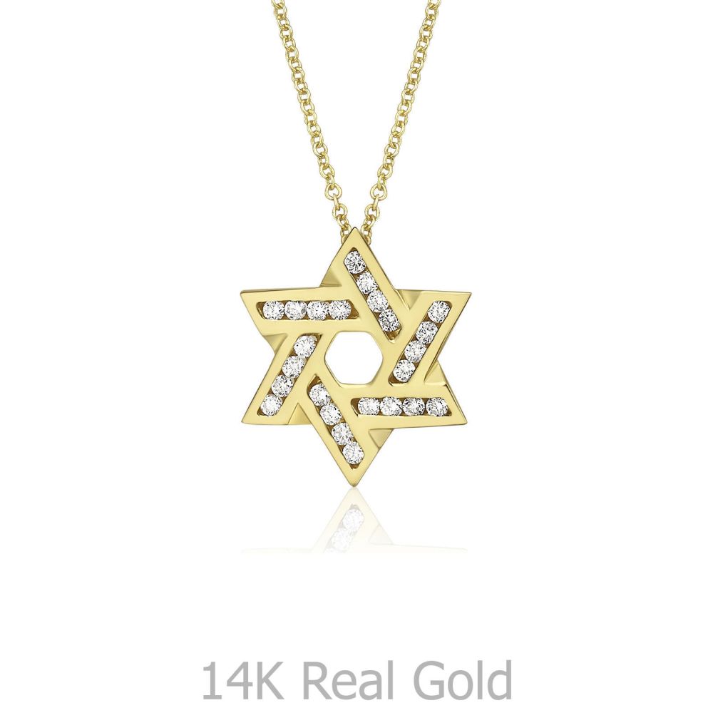 תכשיטי זהב לנשים | תליון ושרשרת יהלומים מזהב צהוב 14 קראט - מגן דוד יהלומים