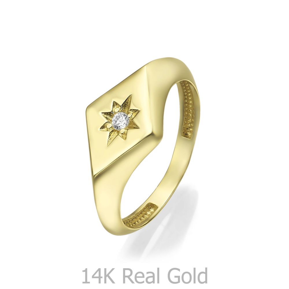 טבעות זהב | טבעת לנשים מזהב צהוב 14 קראט -  חותם מעוין מנצנץ