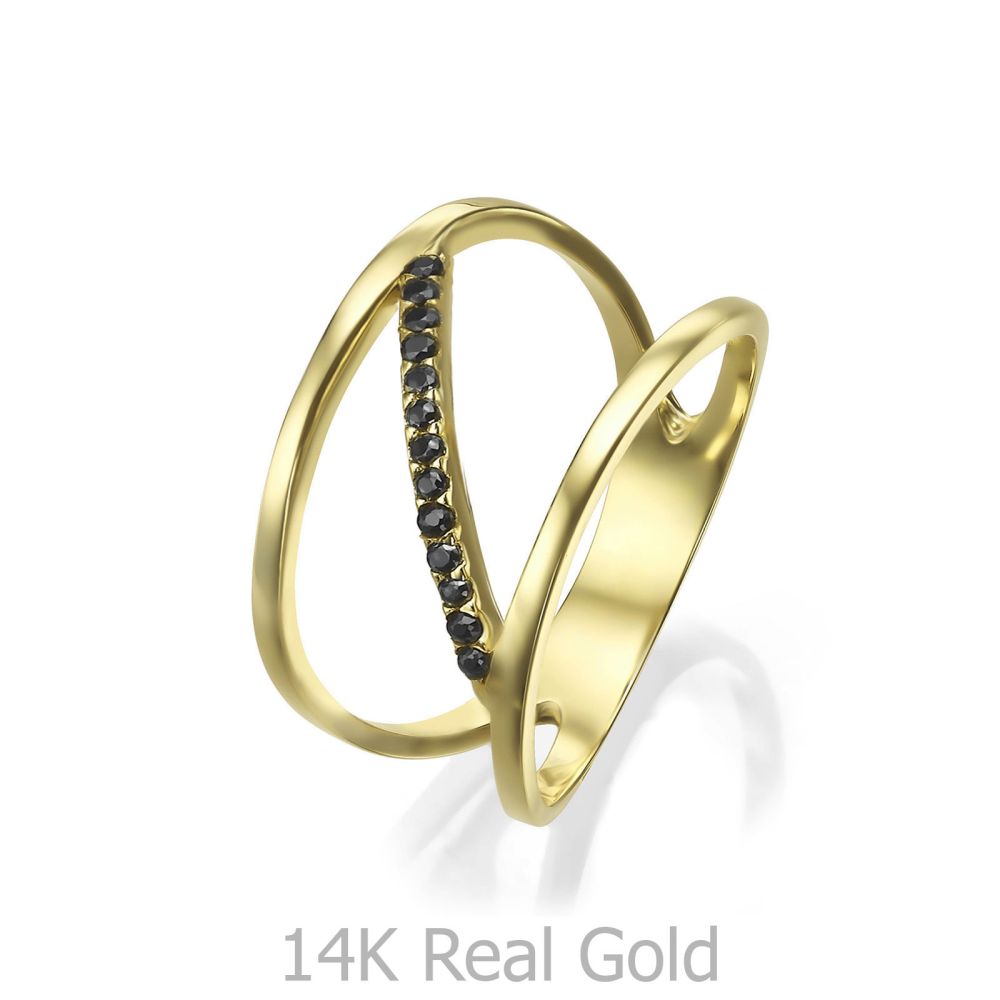 טבעות זהב | טבעת לנשים מזהב צהוב 14 קראט -  בלן שחורה