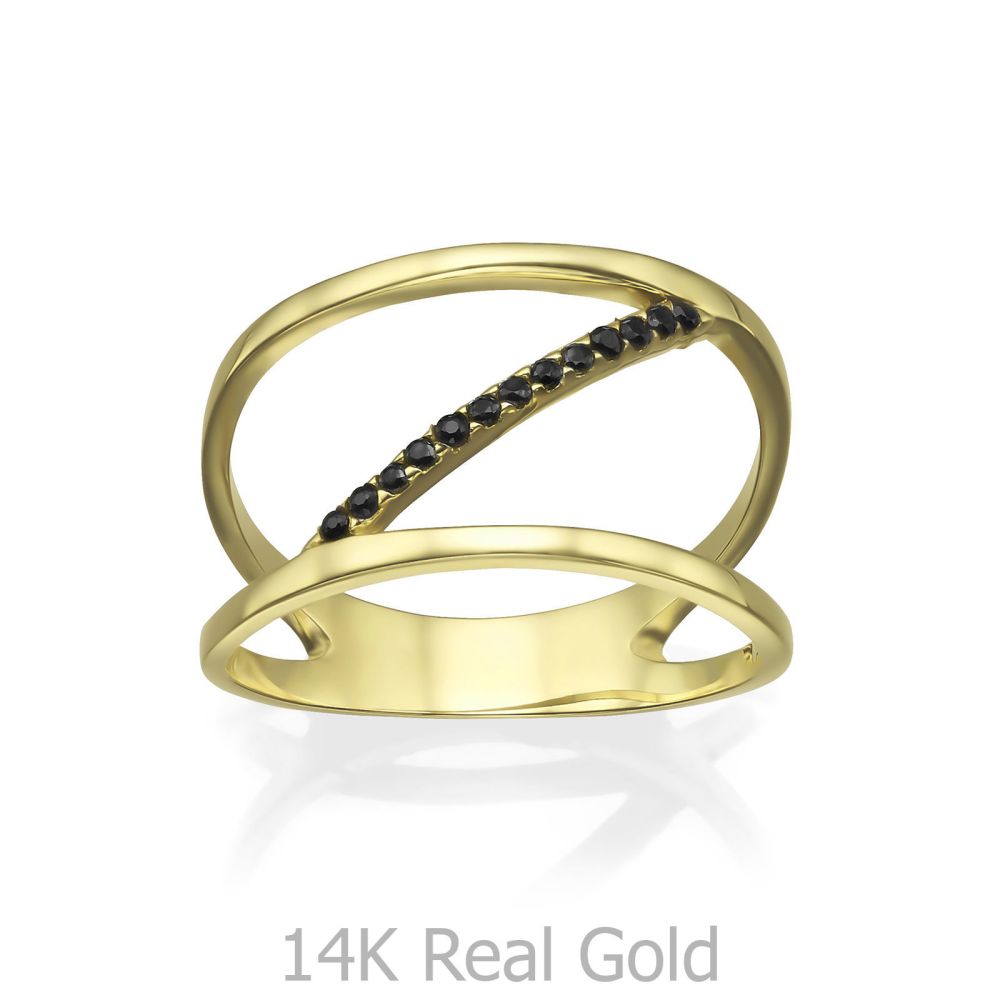 טבעות זהב | טבעת לנשים מזהב צהוב 14 קראט -  בלן שחורה