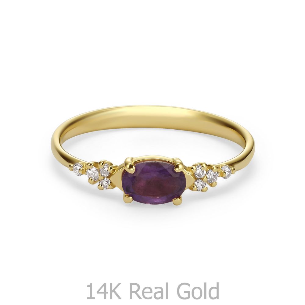 טבעות זהב | טבעת אמטיסט יהלומים מזהב צהוב 14 קראט - שרלוט  סגולה