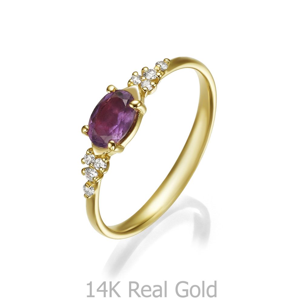 טבעות זהב | טבעת אמטיסט יהלומים מזהב צהוב 14 קראט - שרלוט  סגולה
