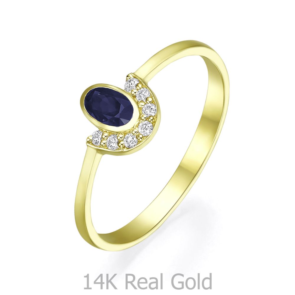 טבעות זהב | טבעת ספיר ויהלומים מזהב צהוב  14 קראט - בריאנה כחולה