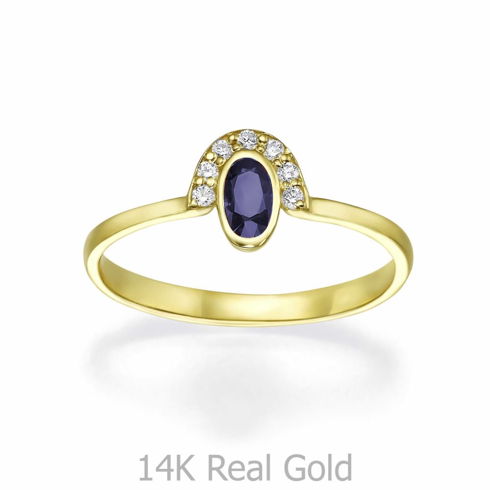 טבעות זהב | טבעת ספיר ויהלומים מזהב צהוב  14 קראט - בריאנה כחולה