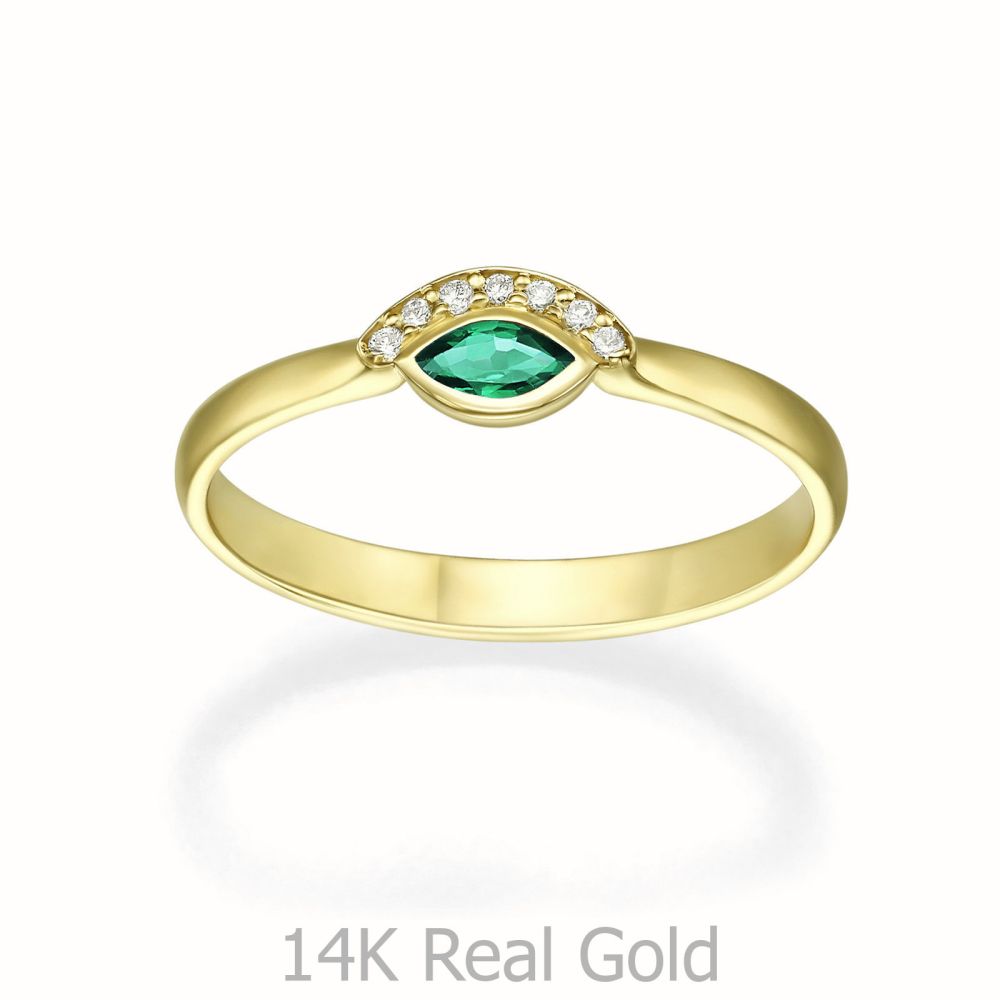 טבעות זהב | טבעת אמרלד ויהלומים מזהב צהוב  14 קראט - אריאנה ירוקה