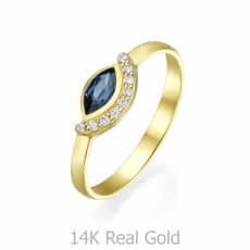טבעת יהלומים ואבן חן ספיר מזהב צהוב 14 קראט  - ארייה 