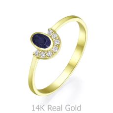 טבעת ספיר ויהלומים מזהב צהוב  14 קראט - בריאנה כחולה
