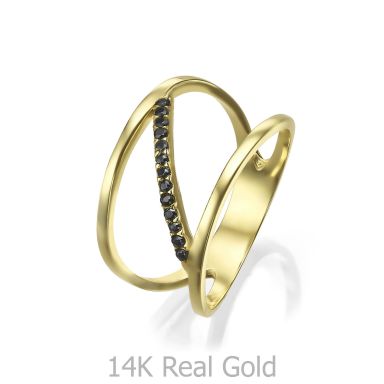טבעת לנשים מזהב צהוב 14 קראט -  בלן שחורה