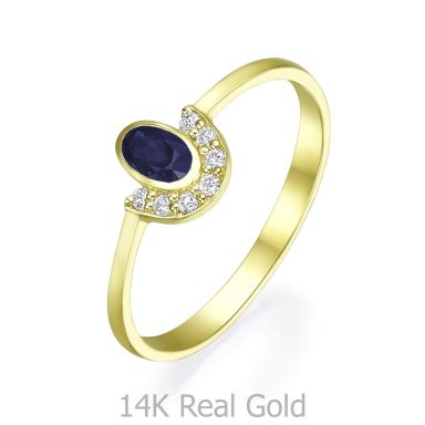 טבעת ספיר ויהלומים מזהב צהוב  14 קראט - בריאנה כחולה