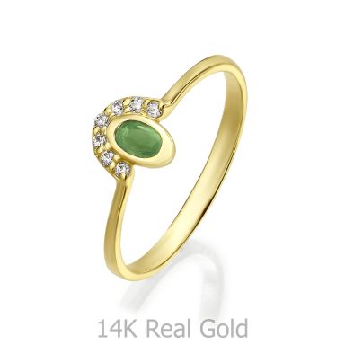טבעת יהלומים ואבן חן אמרלד מזהב צהוב 14 קראט  -  בריאנה ירוקה