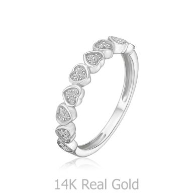 טבעת יהלומים מזהב לבן 14 קראט - לבבות  ניקה 